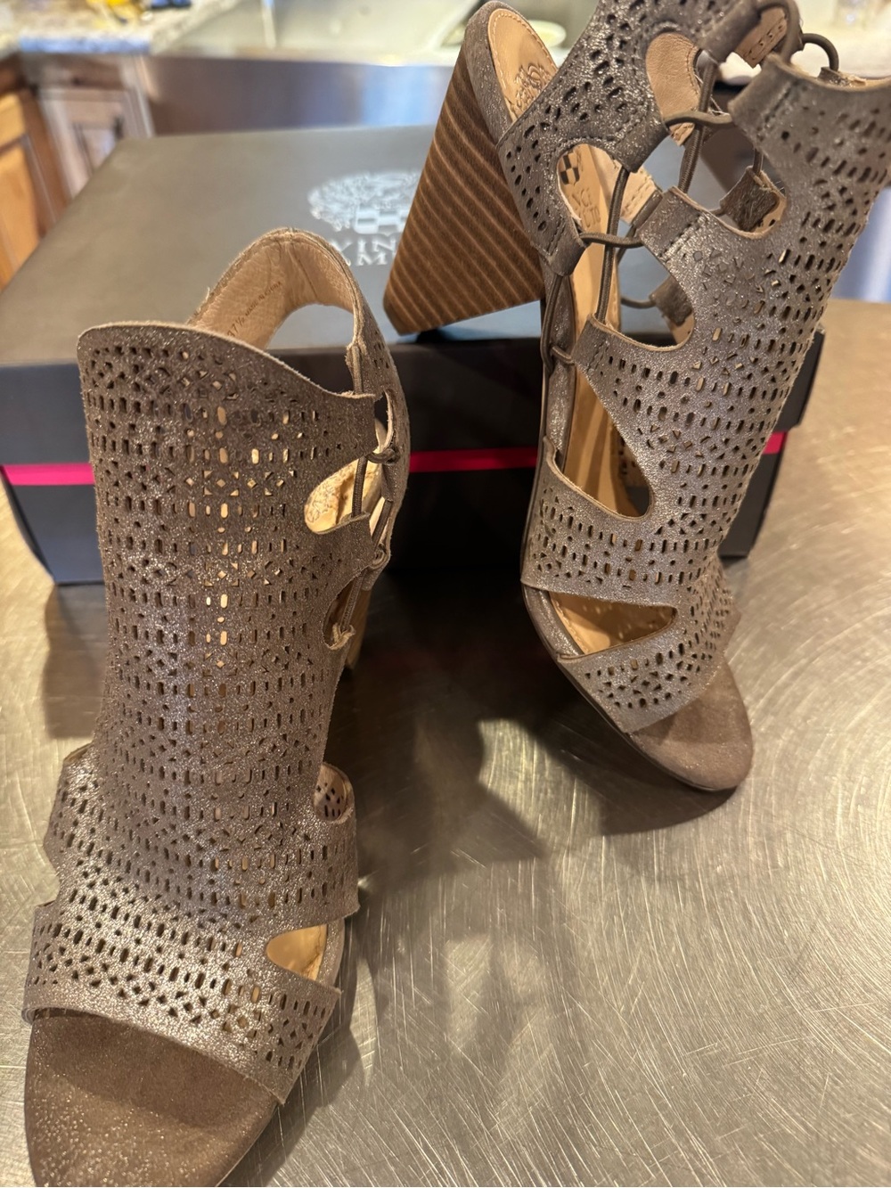 Vince Camuto Silver Taupe Laser-Cut Cone Heel Shoes